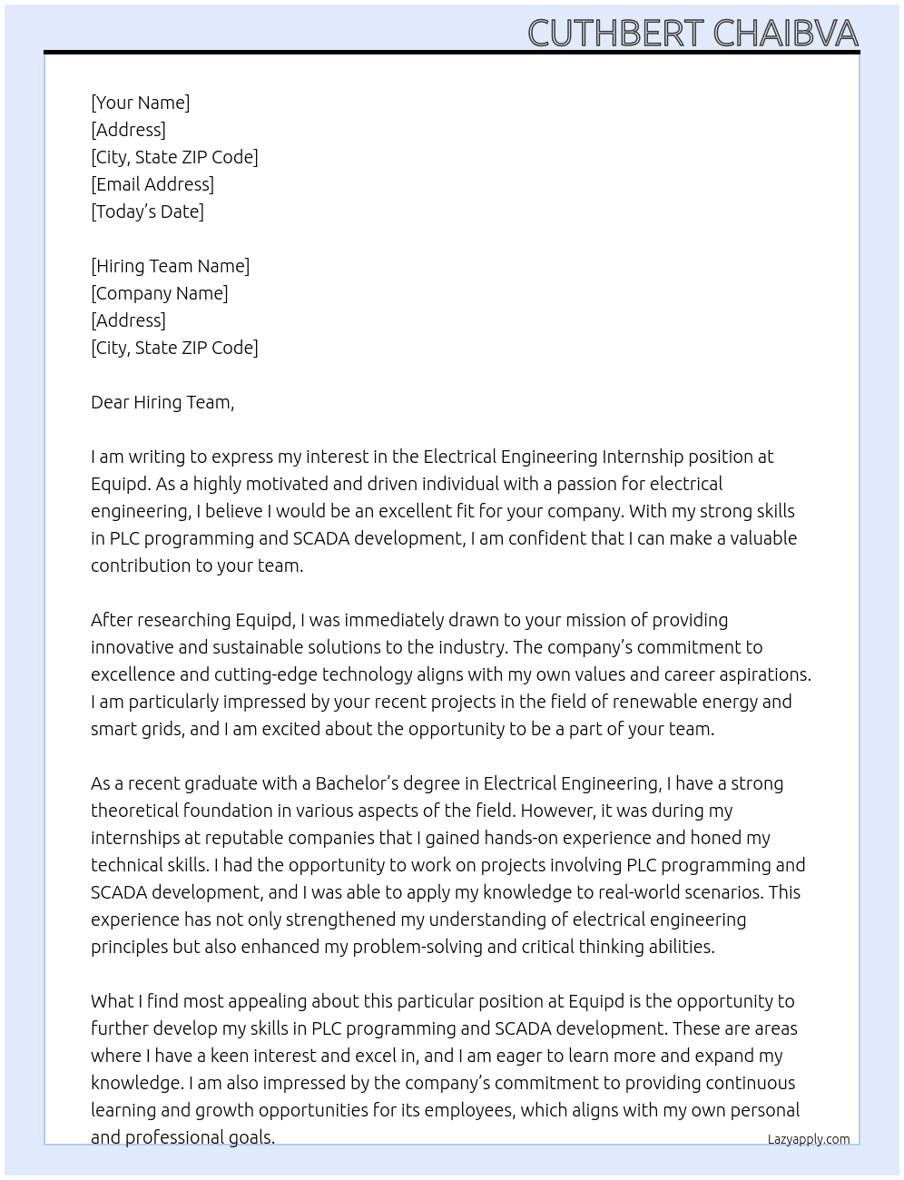 Electrical Engineering internships  At Equipd Cover Letter