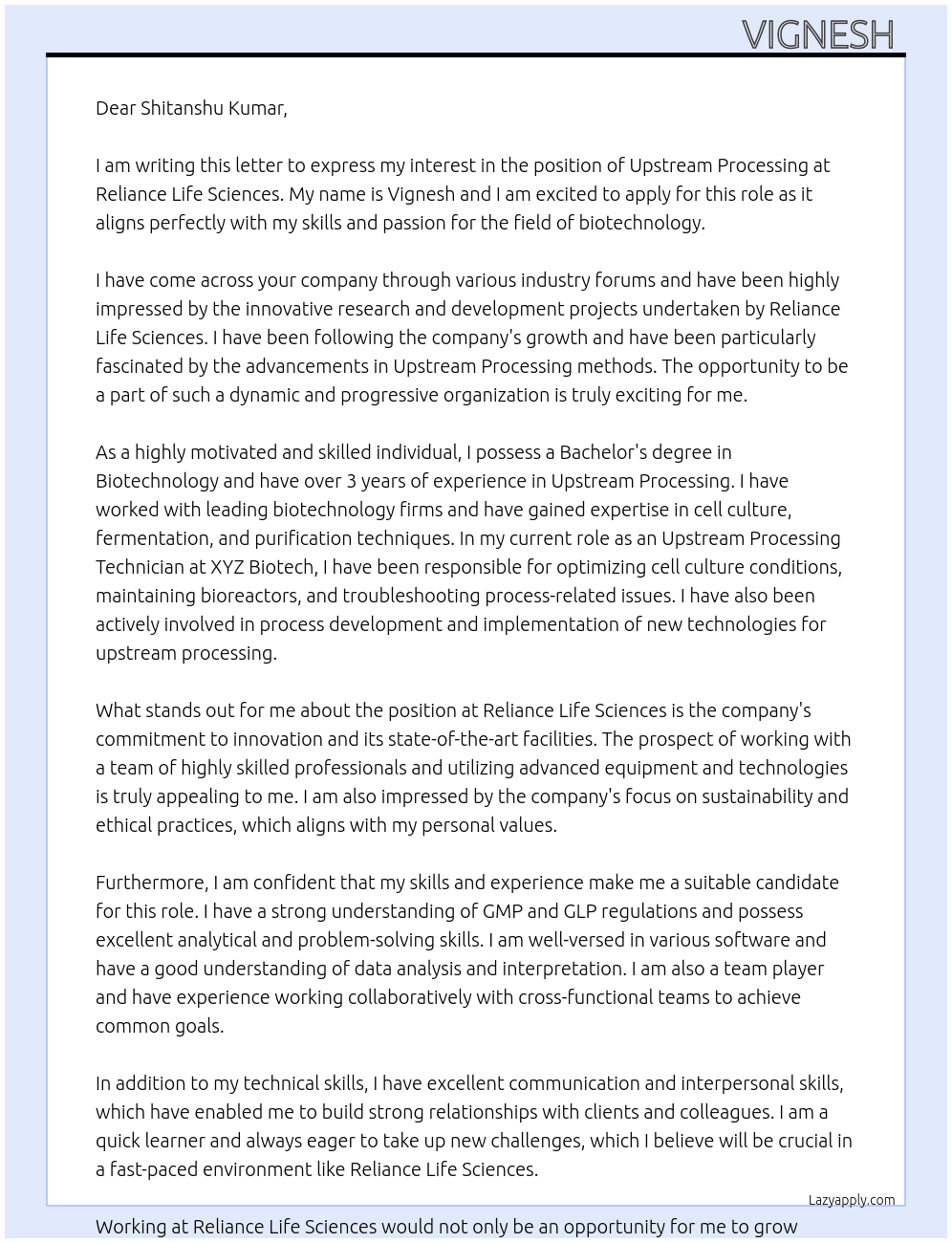 Upstream processing  At Reliance Life sciences  Cover Letter