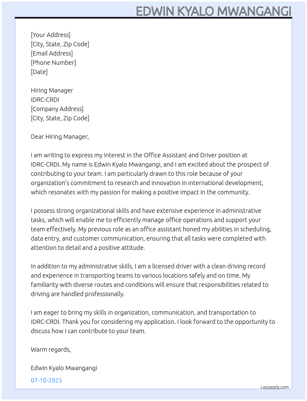 Cover letter for office assistant and driver - LazyApply