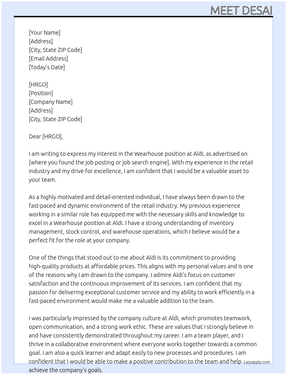 wearhouse At aldi Cover Letter