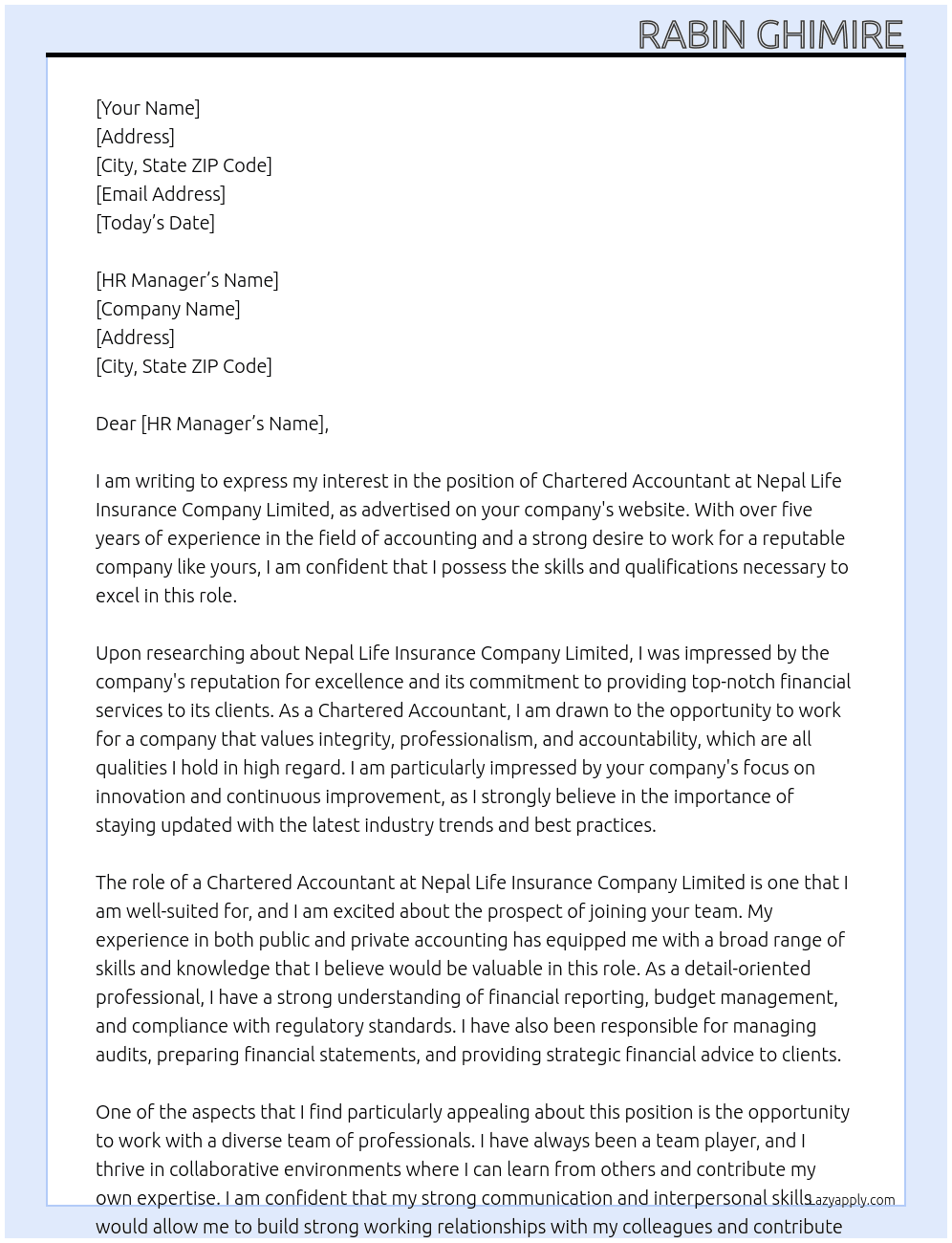 Chartered Accountant At Nepal Life Insurance Company Limited Cover Letter