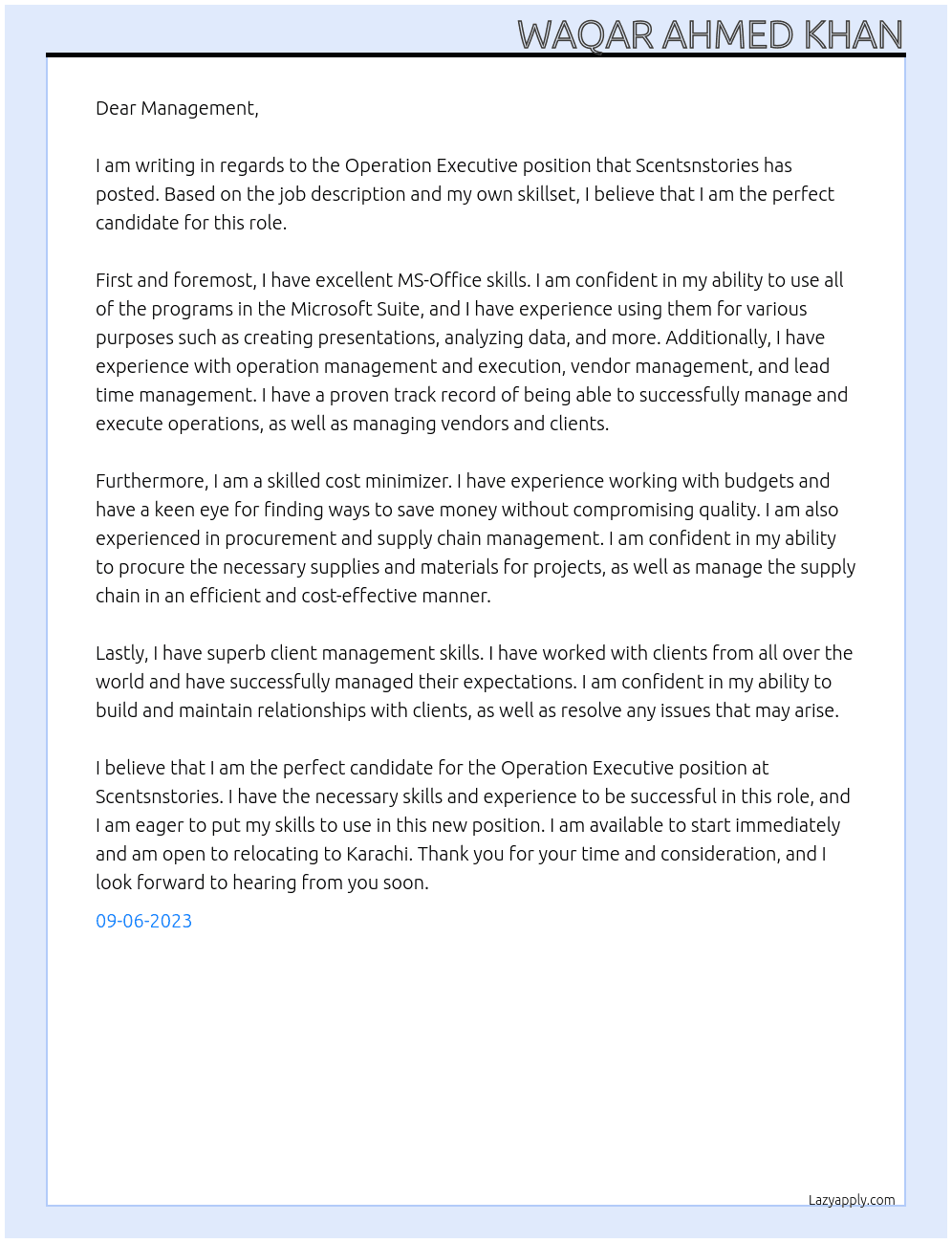 Operation Executive  At Scentsnstories Cover Letter