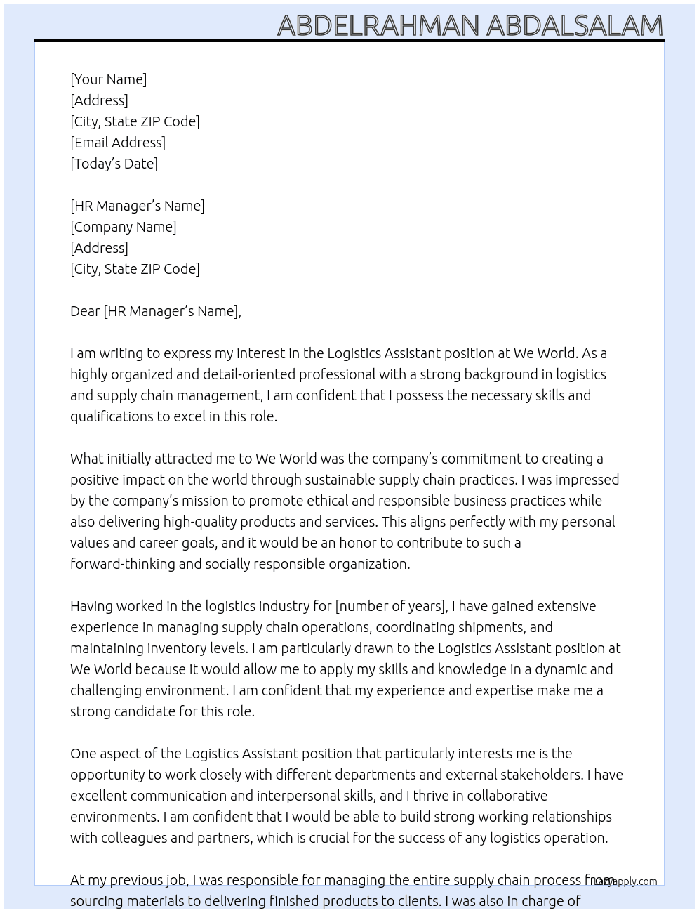 Logistics Assistant At We World Cover Letter