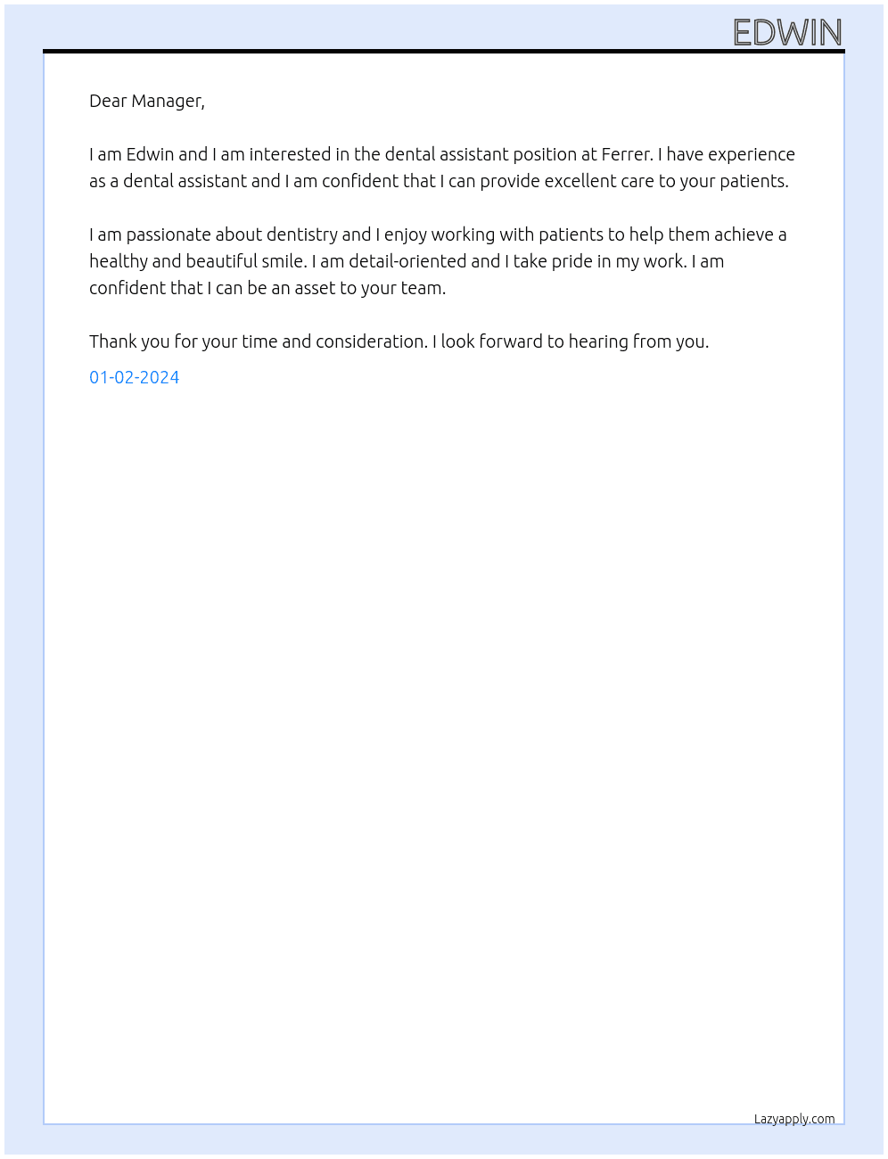 Dental Assistant  At Ferrer Cover Letter