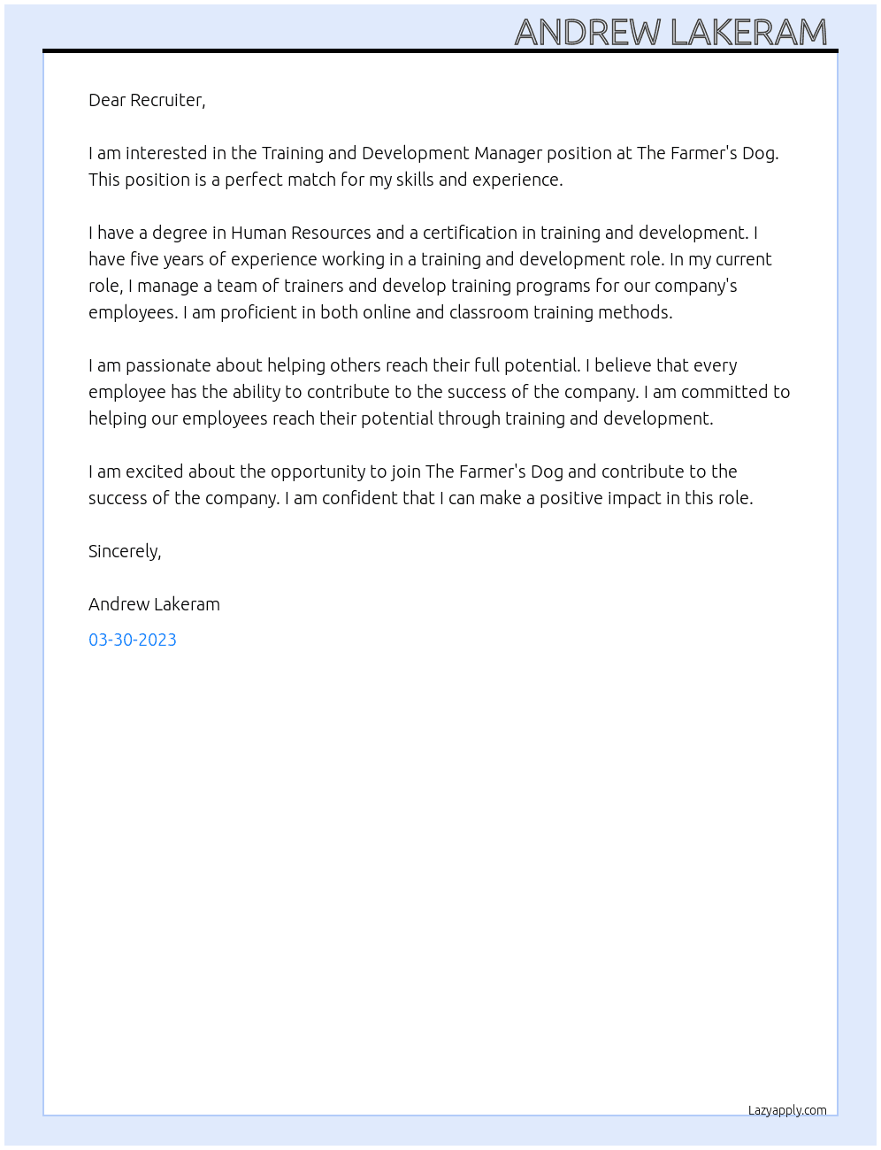 Training and Development Manager At The Farmer's Dog Cover Letter