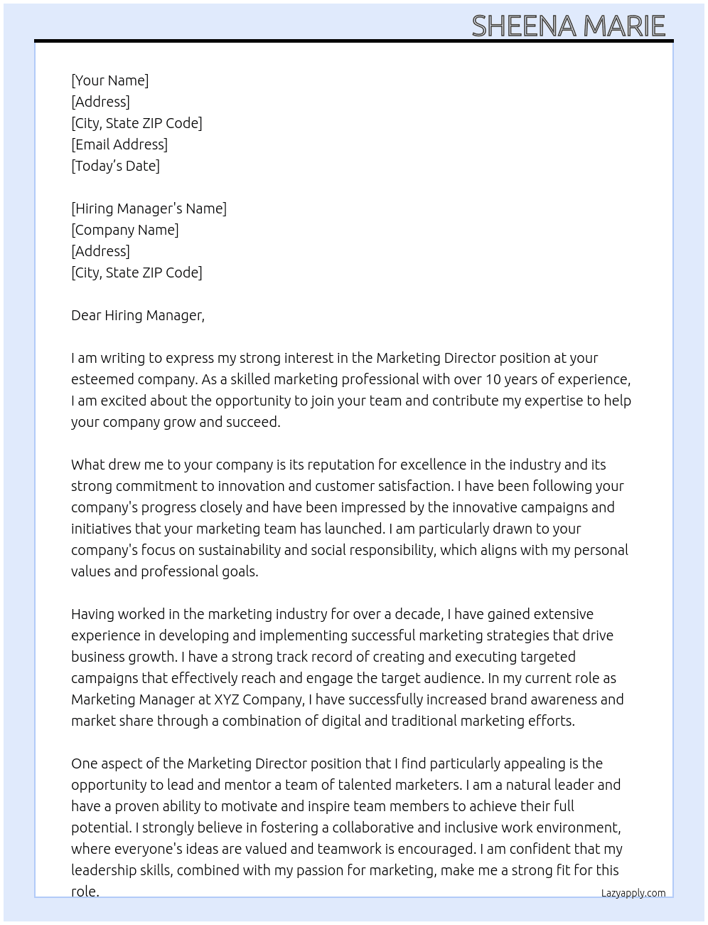 Marketing Director  At your company Cover Letter
