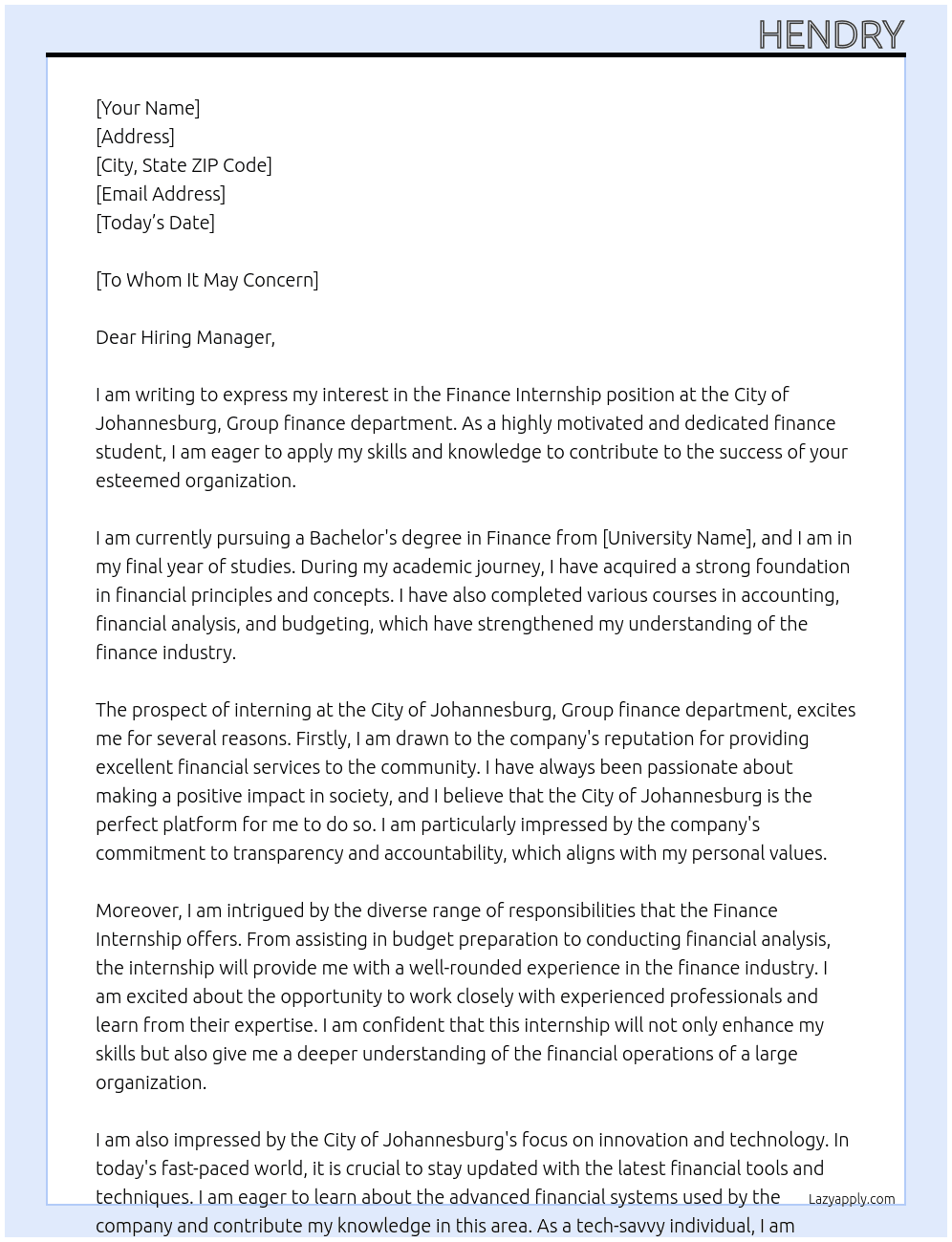 Finance Internship At City of Johannesburg, Group finance department Cover Letter