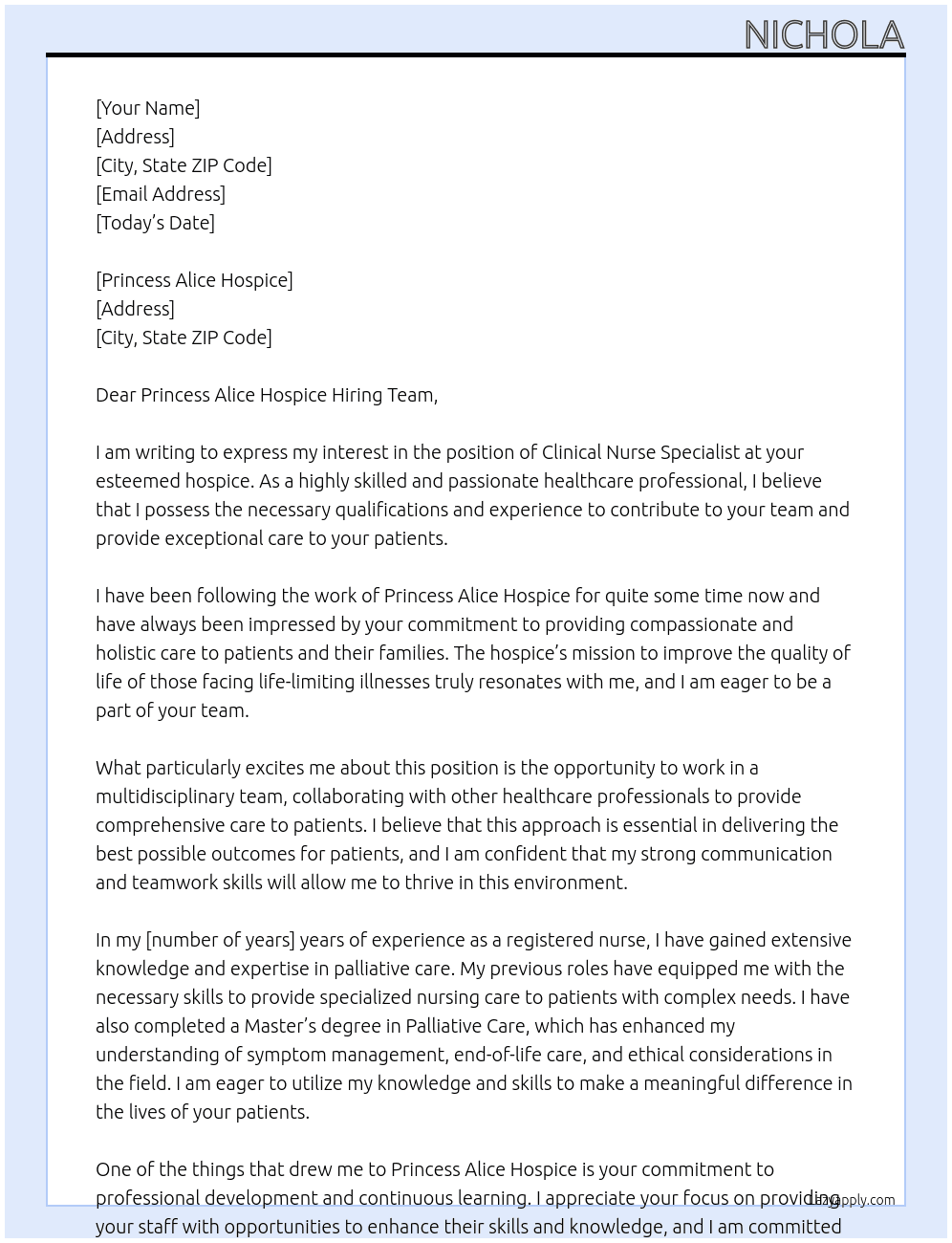 Clinical nurse specialist At Hospice Cover Letter