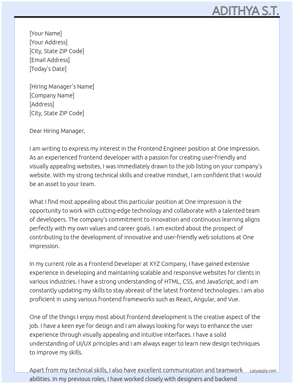 Frontend Engineer At One impression  Cover Letter