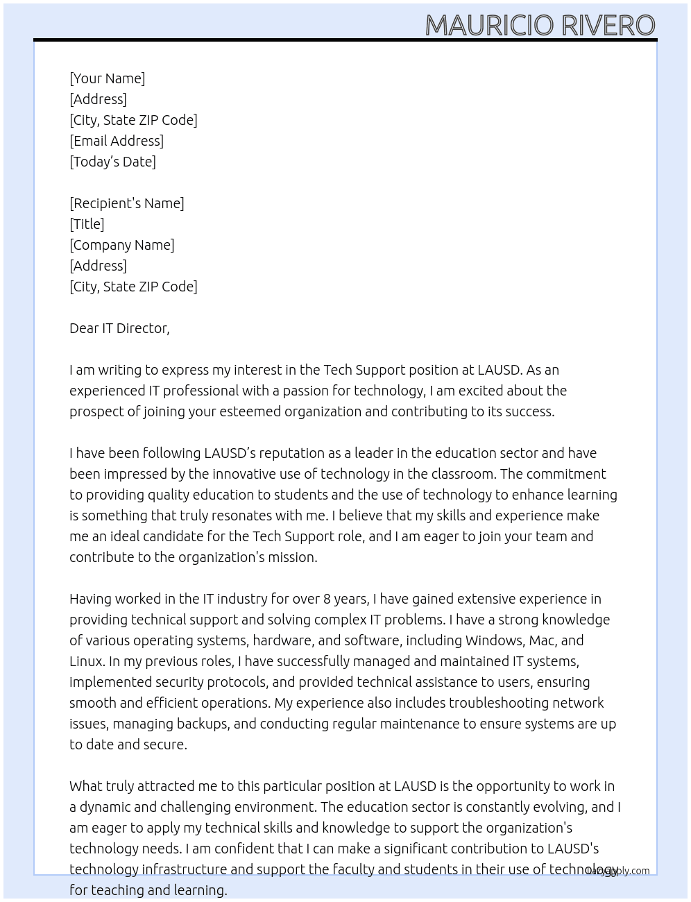 Tech support At LAUSD Cover Letter