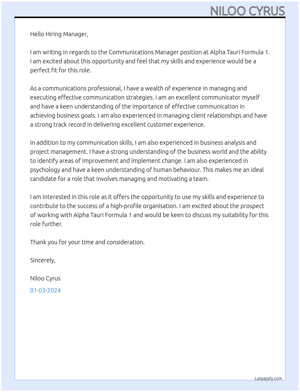 Communications Manager At Alpha Tauri Formula 1 Cover Letter