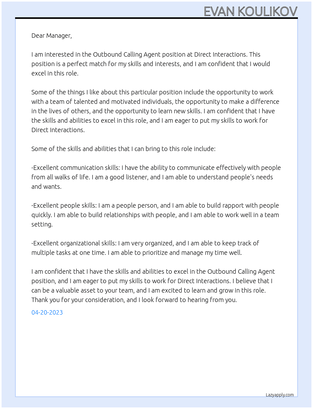 Outbound Calling Agent At Direct Interactions Cover Letter