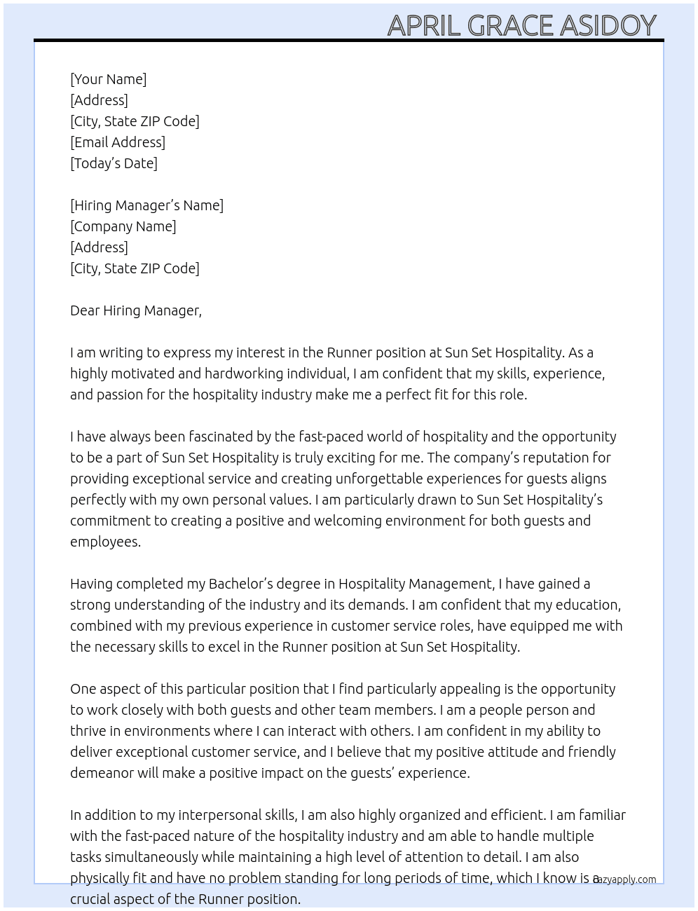 Runner At Sun Set Hospitality Cover Letter