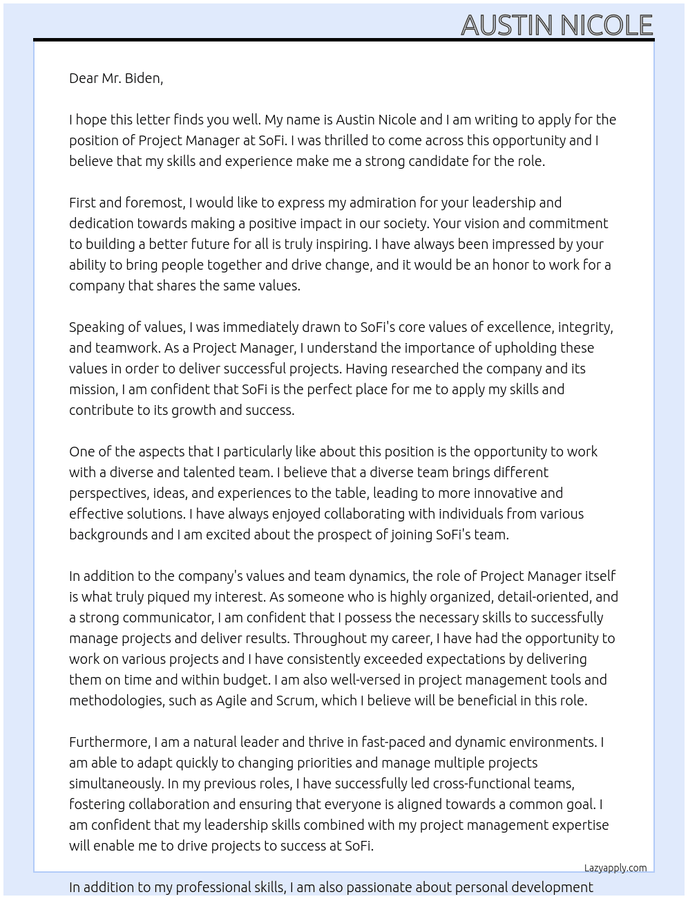 Project Manager At SoFi Cover Letter