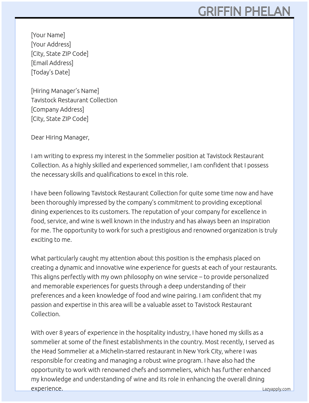 Sommelier  At Tavistock Restaurant Collection  Cover Letter