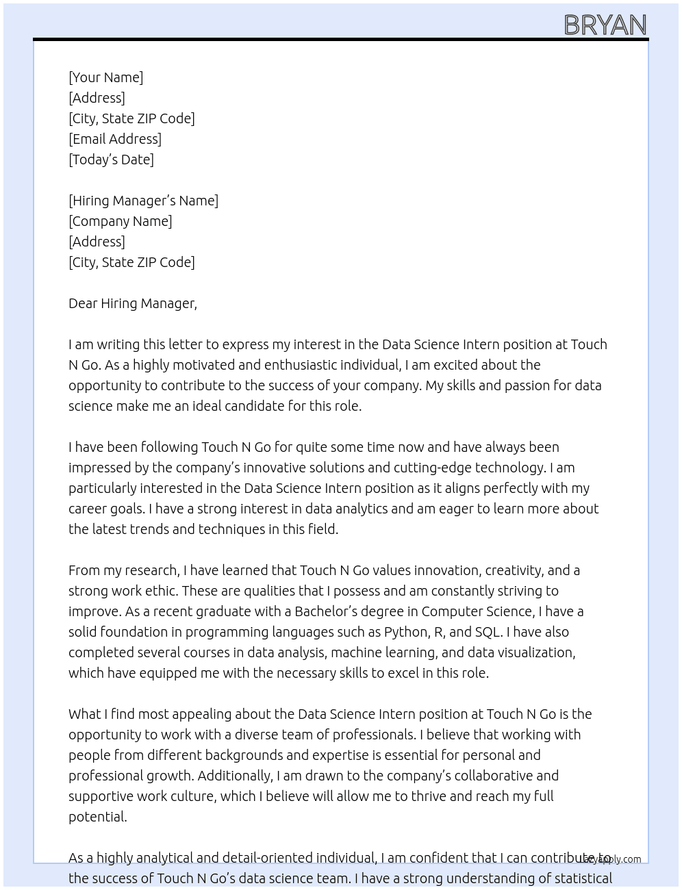 Data Science Intern At Touch N Go Cover Letter