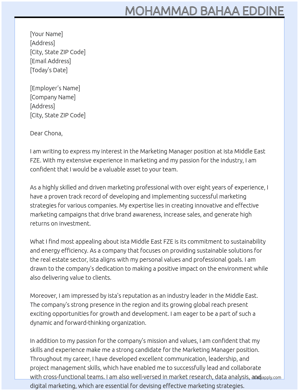 Marketing Manager At ista Middle East FZE Cover Letter