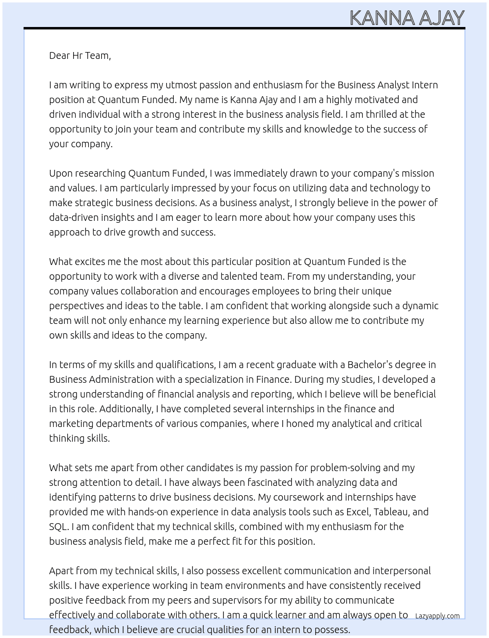 Business Analyst Intern At Quantum Funded Cover Letter