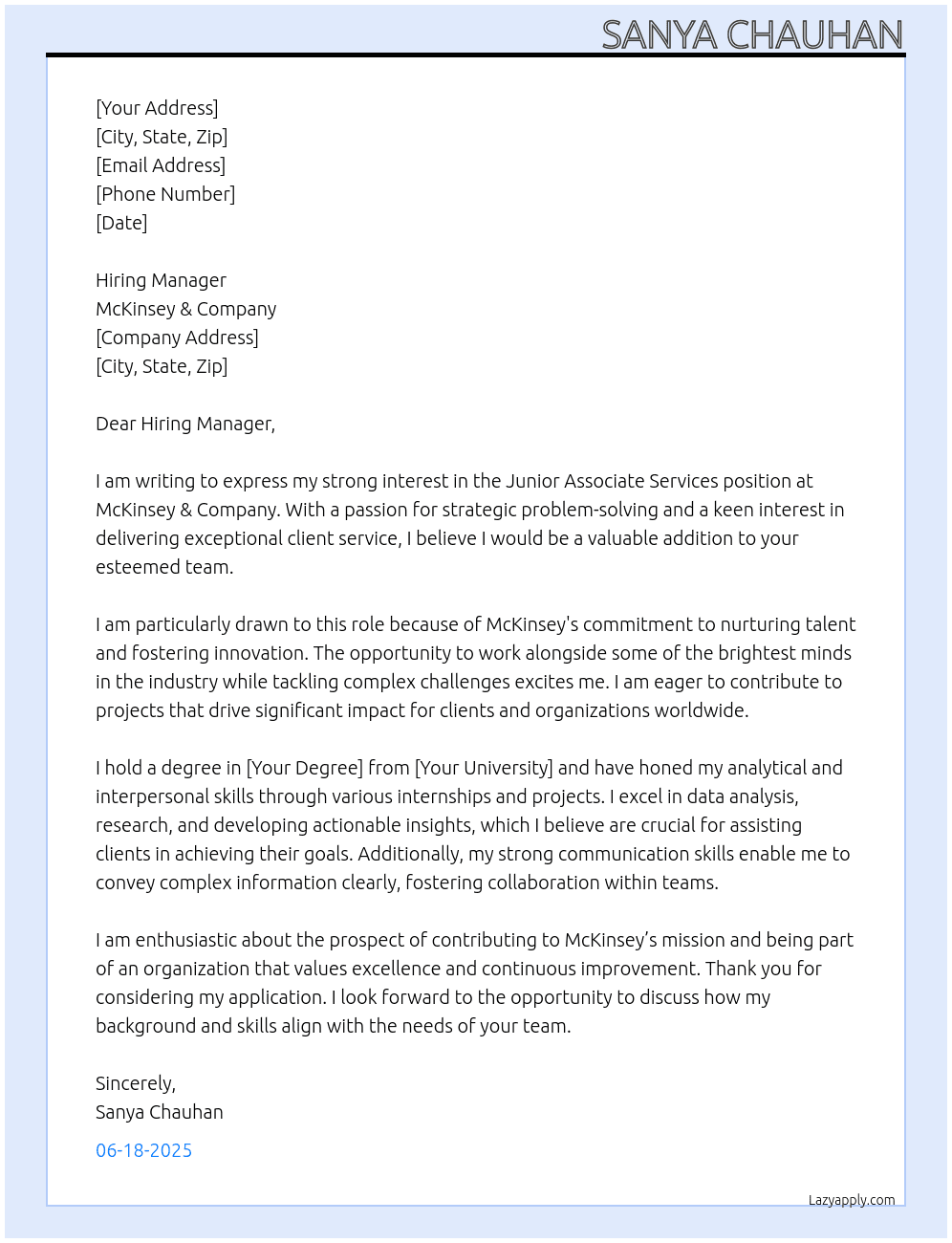 Junior AssociateServices At Mckinsey Cover Letter