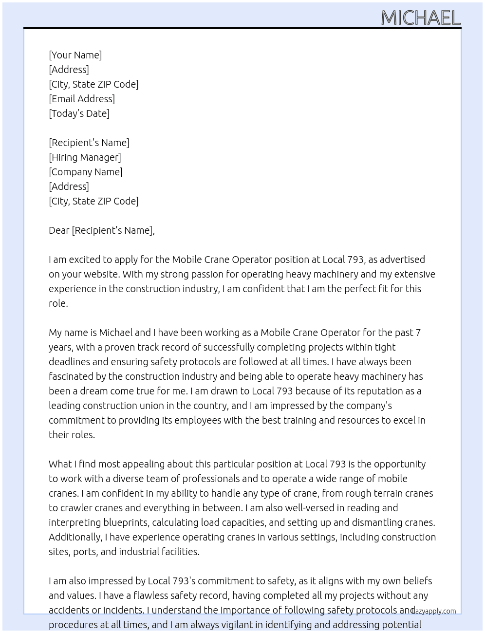 mobile crane operator At local 793 Cover Letter