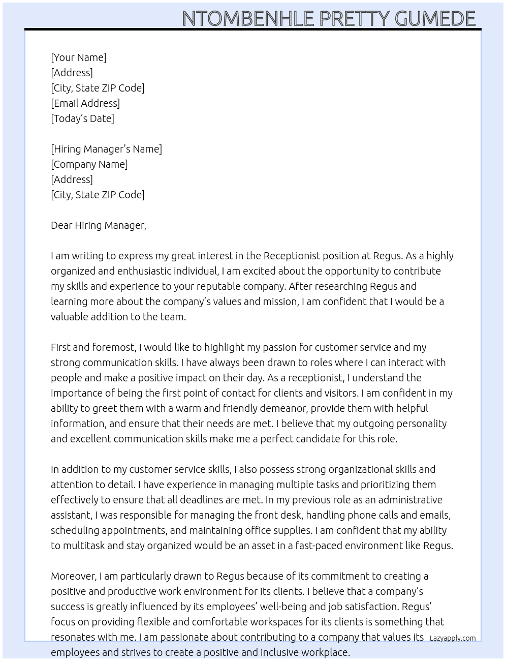 Receptionist At Regus Cover Letter