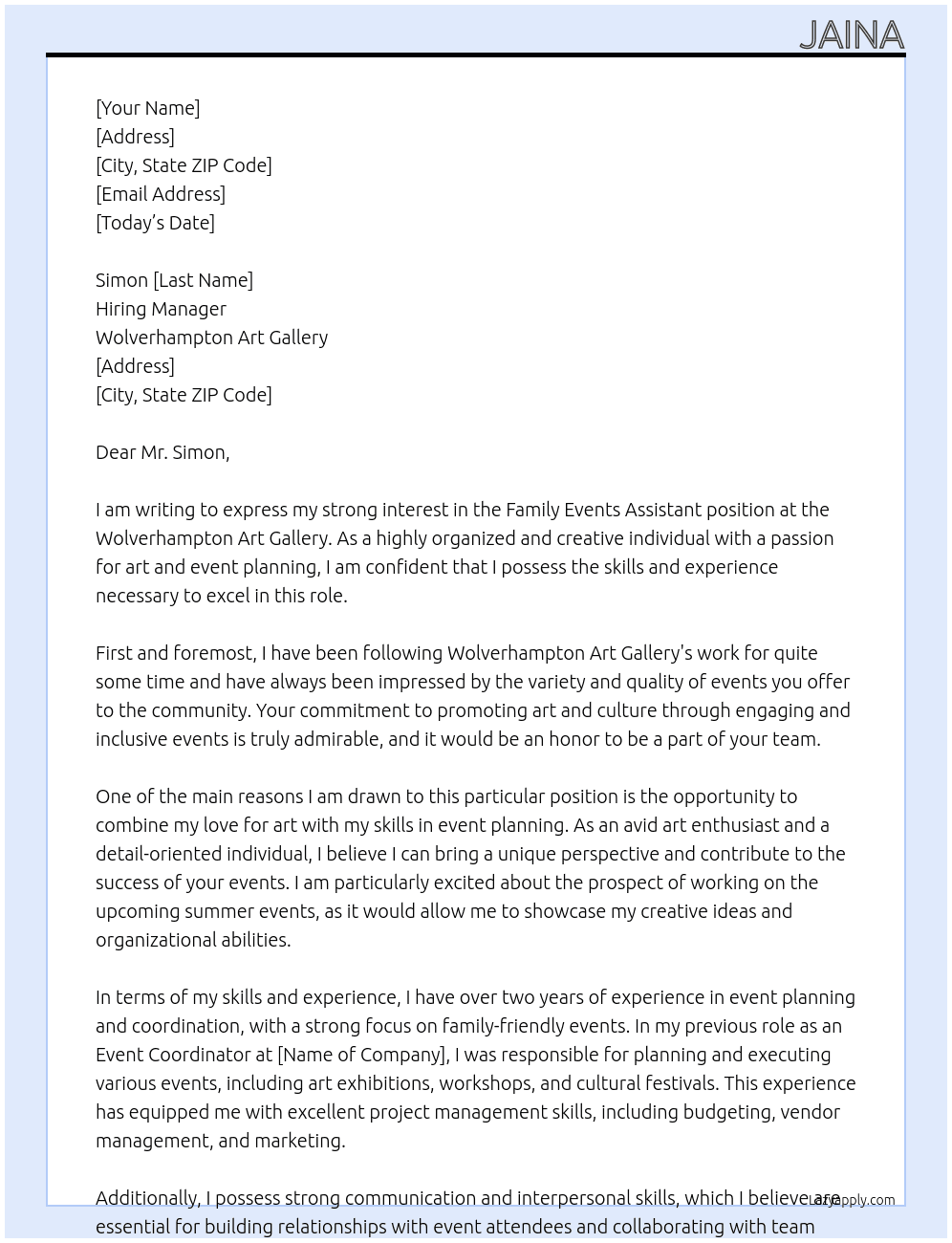 family events assistant At Wolverhampton art gallery  Cover Letter