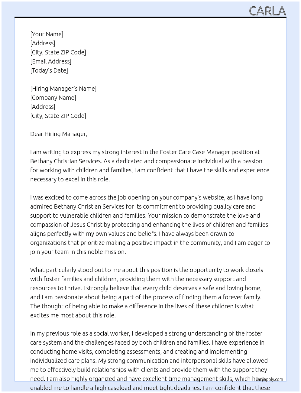 Foster Care Case Manager At Bethany Christian Services Cover Letter