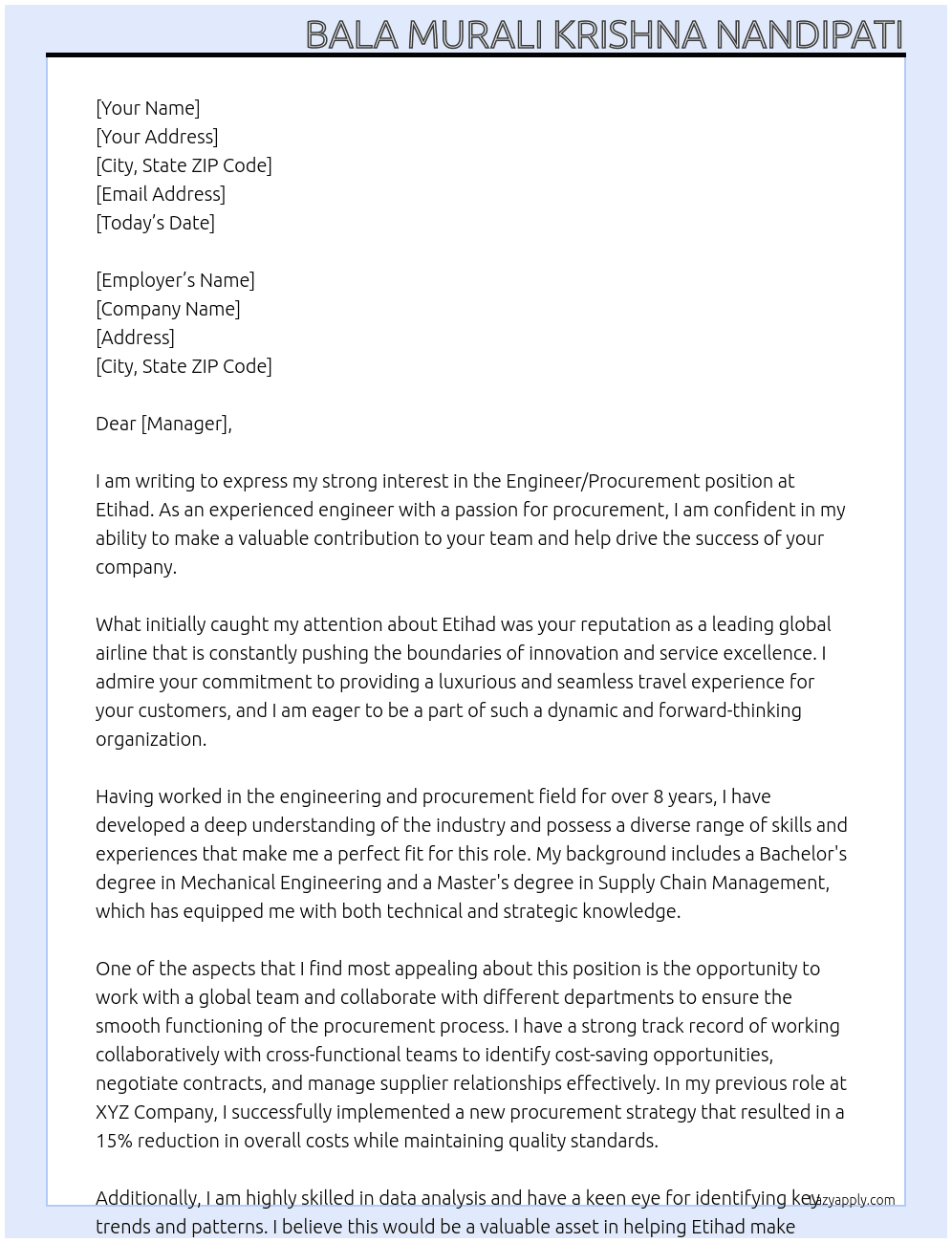 Cover letter for engineer/procurement - LazyApply
