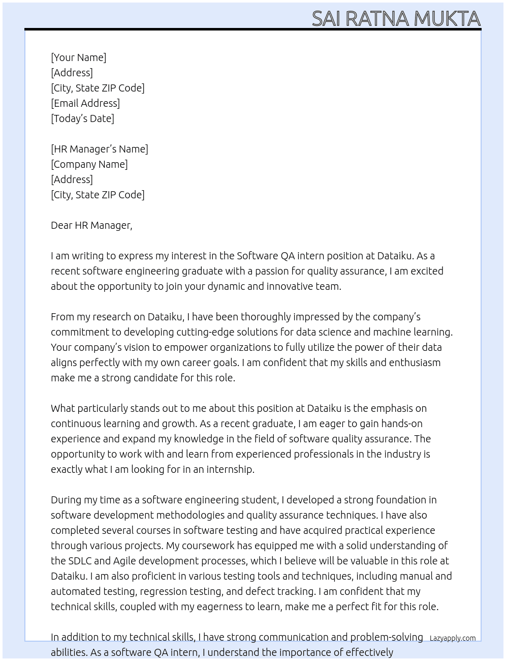 Software QA intern  At dataiku Cover Letter