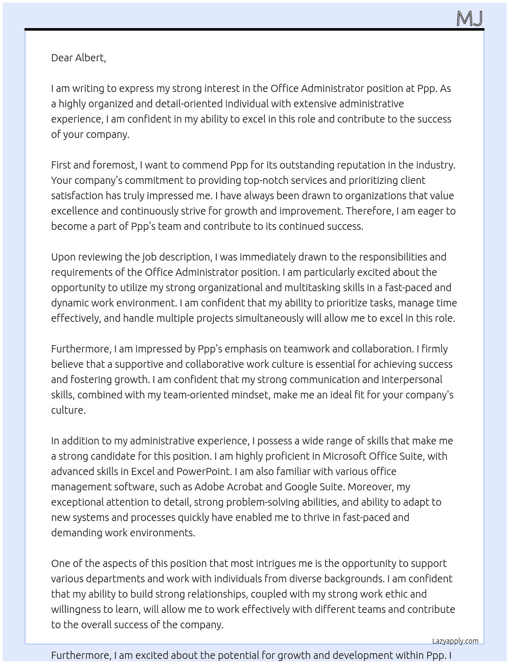 Office administrator At Ppp Cover Letter