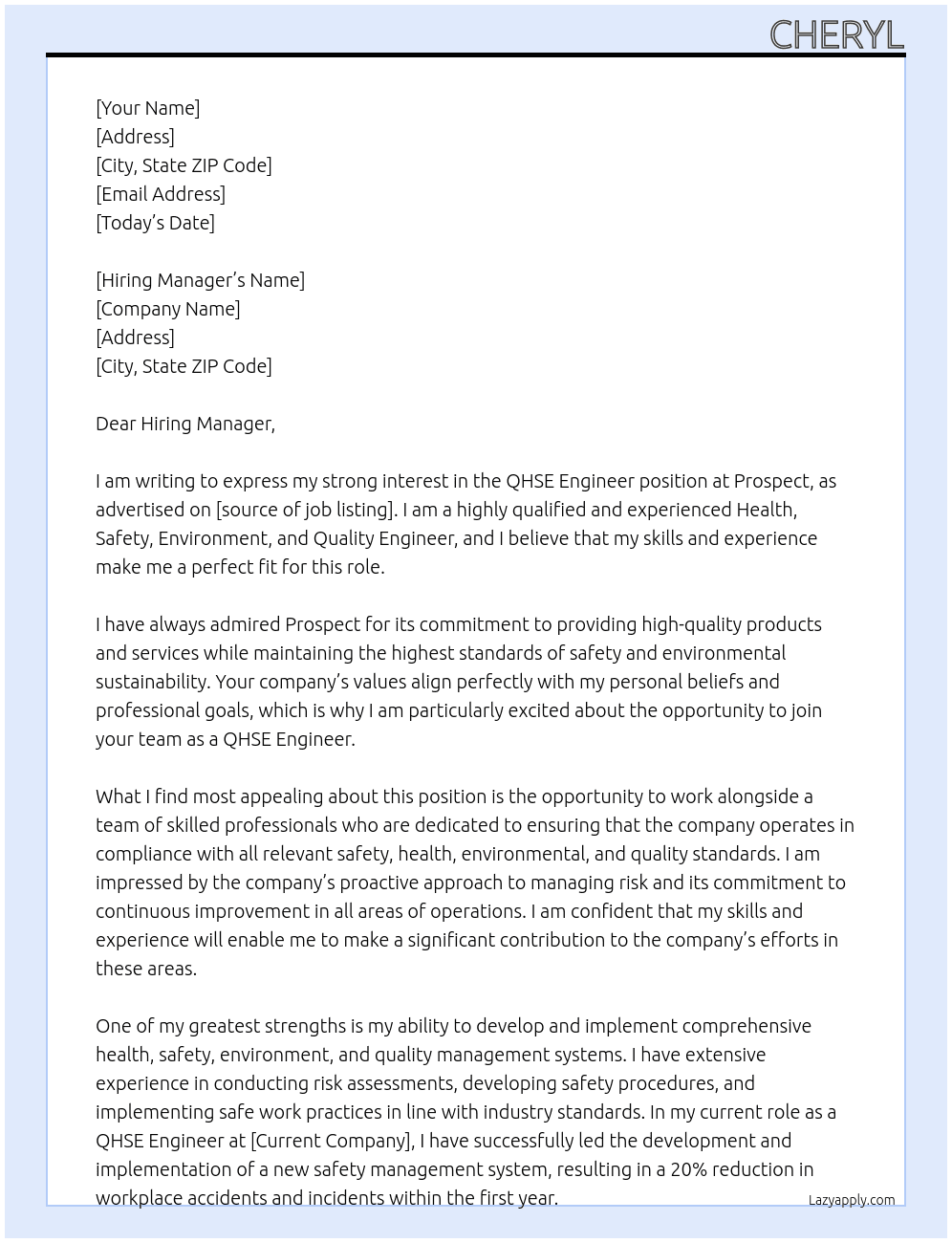QHSE Engineer At Prospect Cover Letter