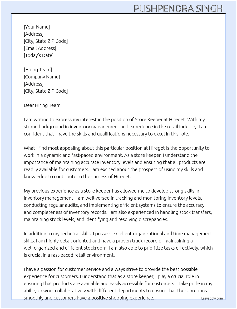 Store keeper  At Hireget Cover Letter