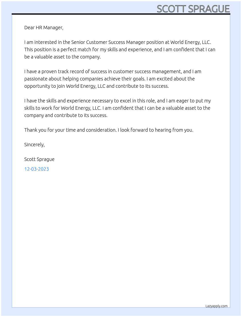 Senior Customer Success Manager At World Energy, LLC Cover Letter