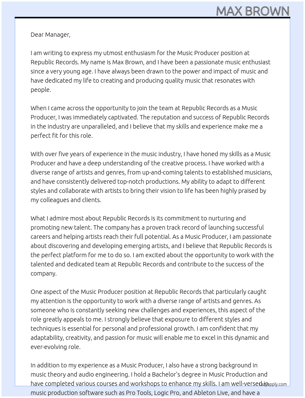 Music Producer At Republic Records Cover Letter