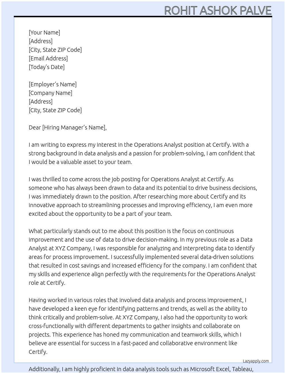 Operations Analyst At certify Cover Letter
