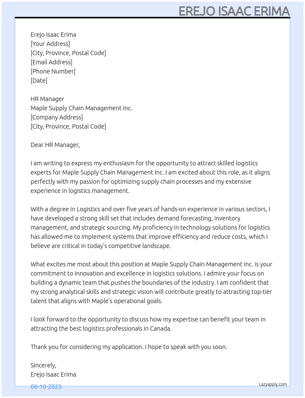 Attracting Skilled Logistics Experts - Canada  At Maple Supply Chain Management Inc. canada  Cover Letter