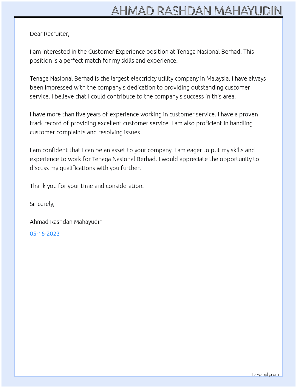 Customer Experience At Tenaga Nasional Berhad Cover Letter