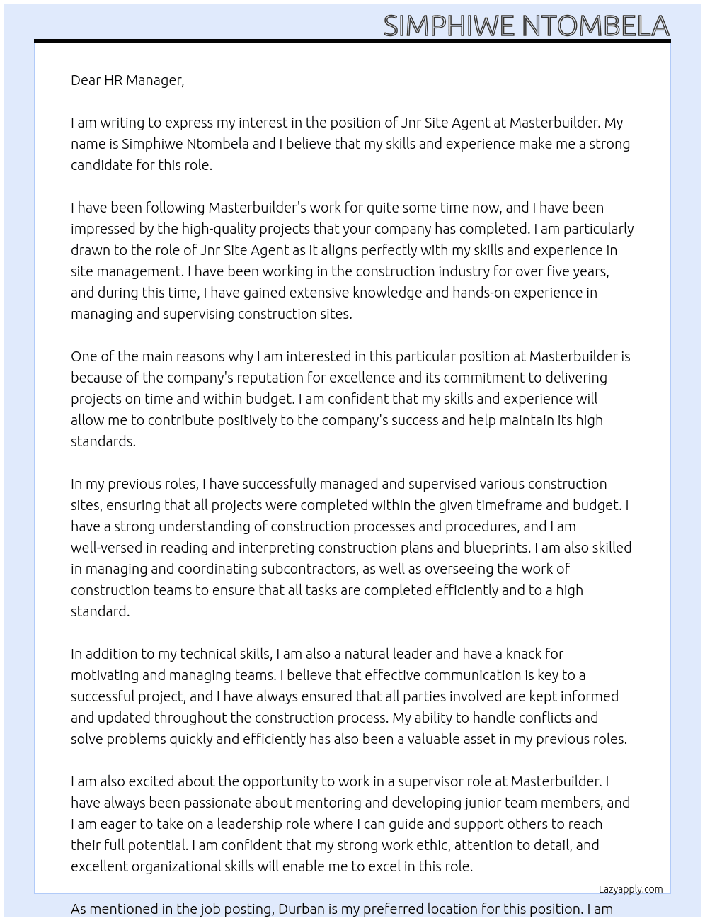 Jnr Site Agent At masterbyulder Cover Letter