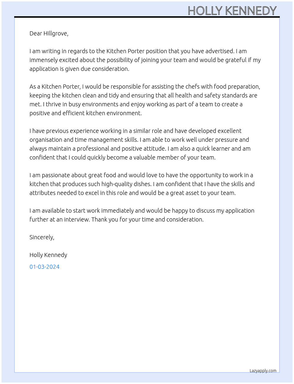 Kitchen porter  At Hillgrove  Cover Letter