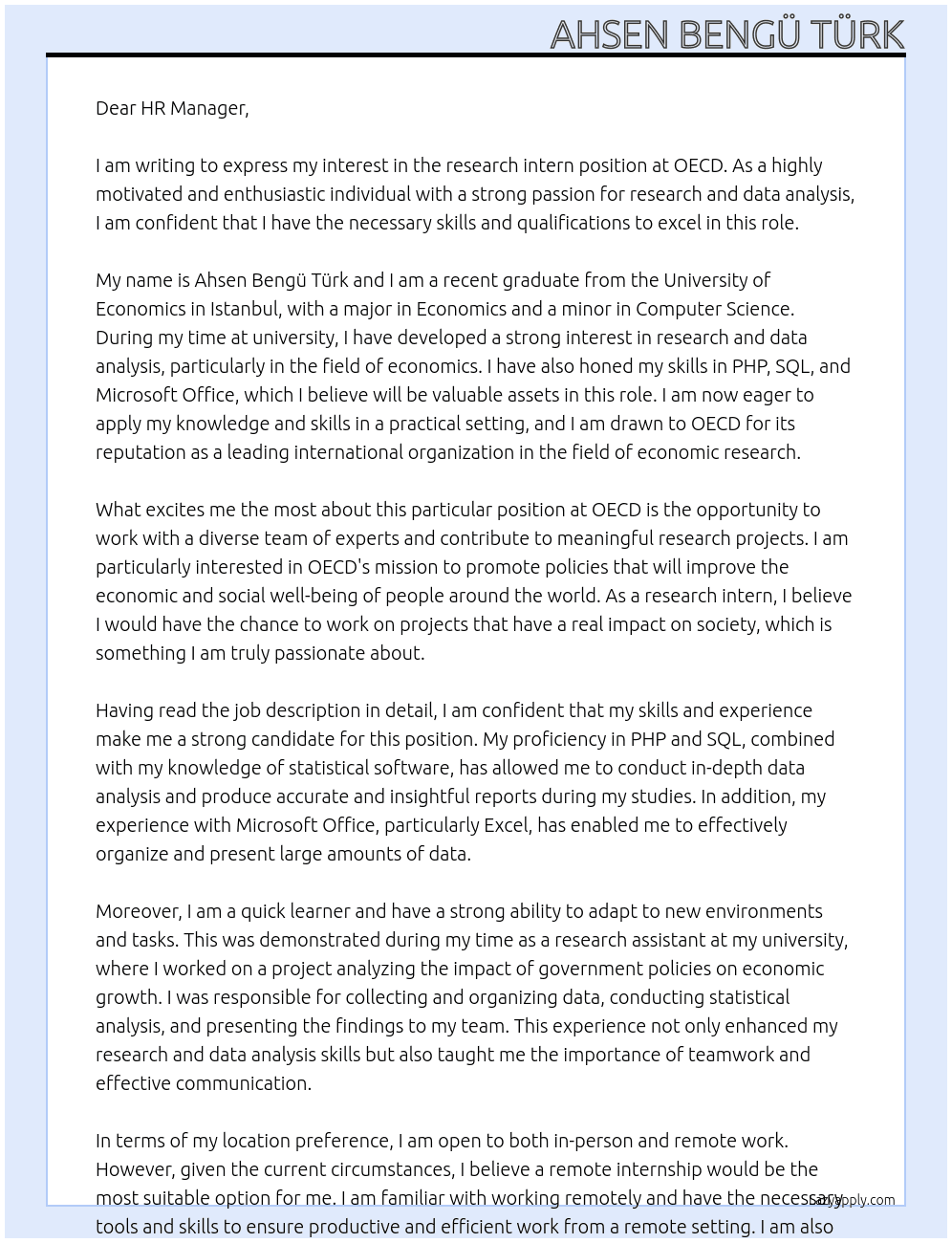 research intern At OECD Cover Letter