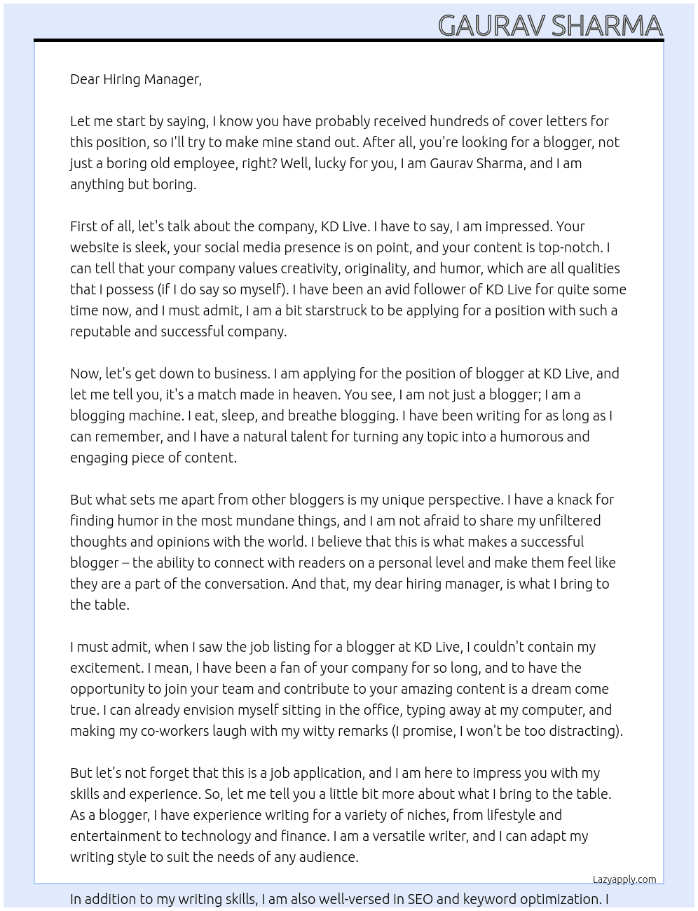 Blogger At KD Live Cover Letter