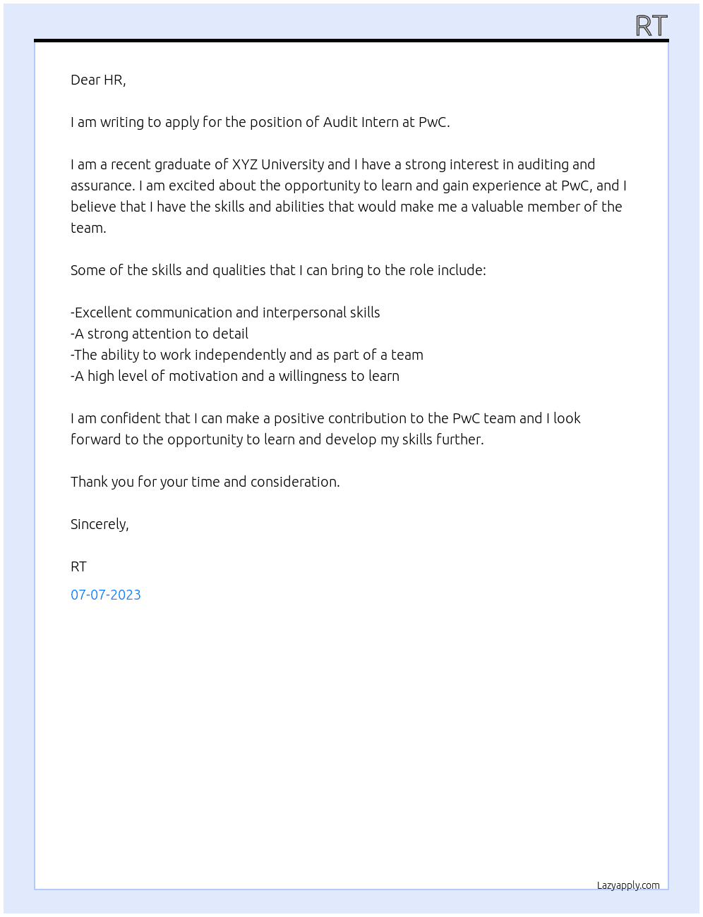 Audit Intern At PwC Cover Letter
