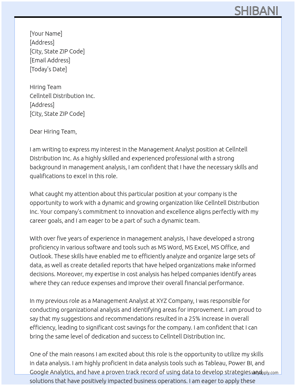Management analyst  At Cellntell distribution Inc. Cover Letter
