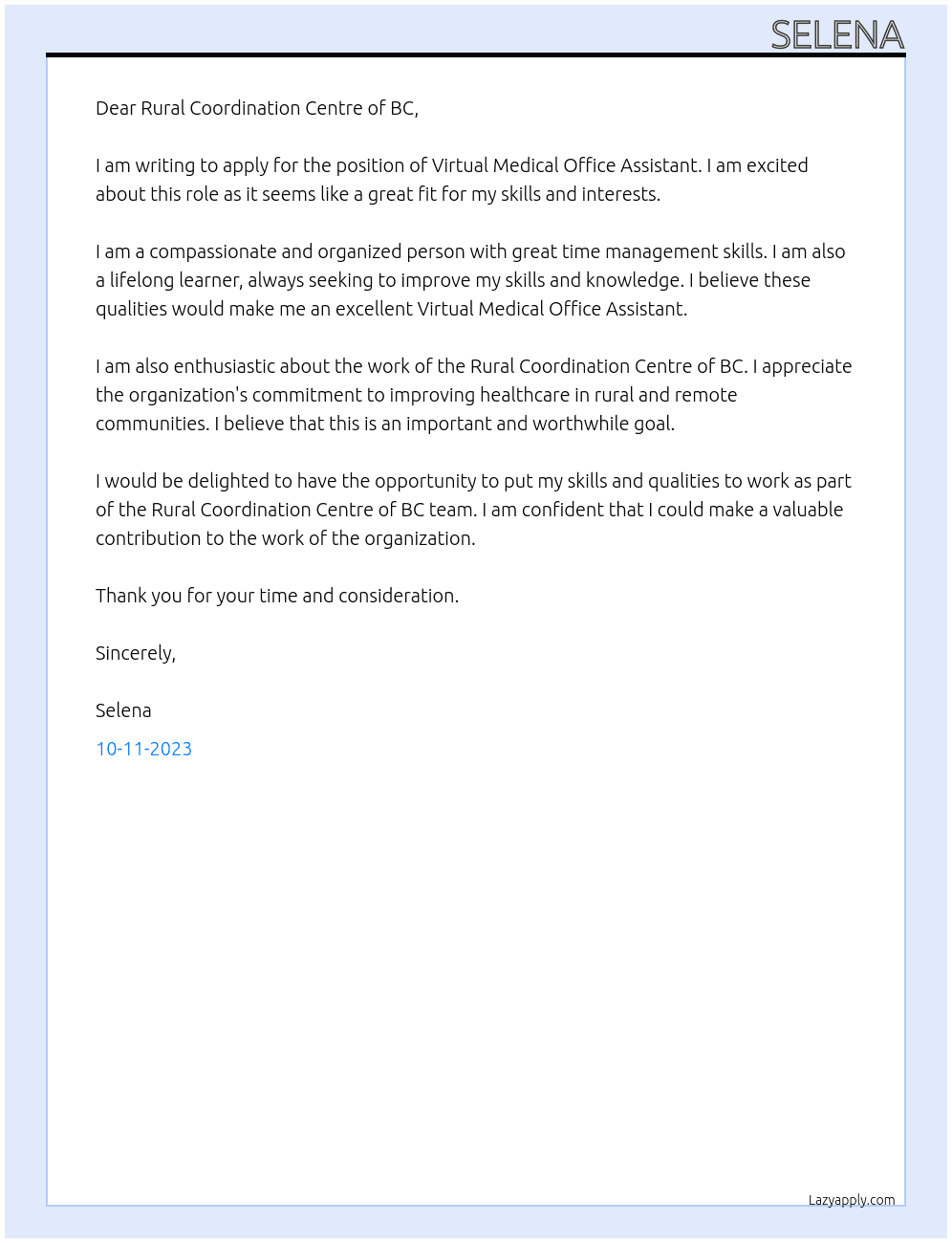 Virtual Medical Office Assistant At Rural Coordination Centre of BC Cover Letter