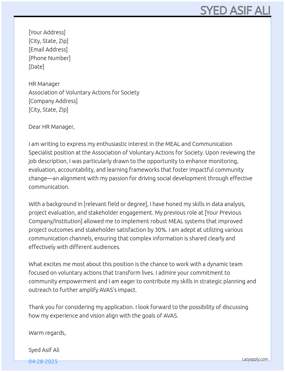 MEAL and Communication Specialist  At Association of Voluntary Actions for Society  Cover Letter