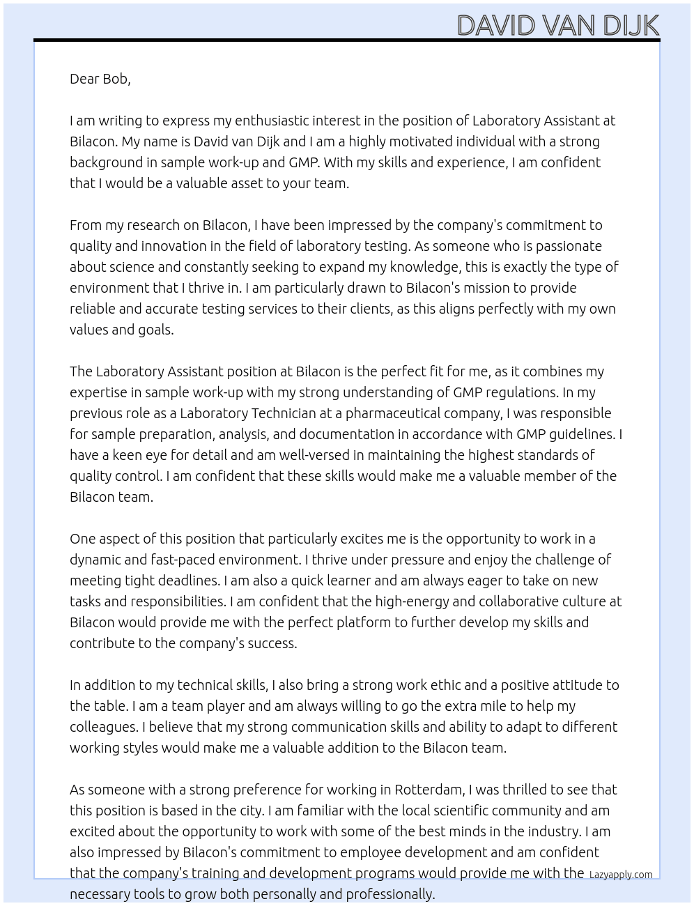 Laboratory assistant At Bilacon Cover Letter