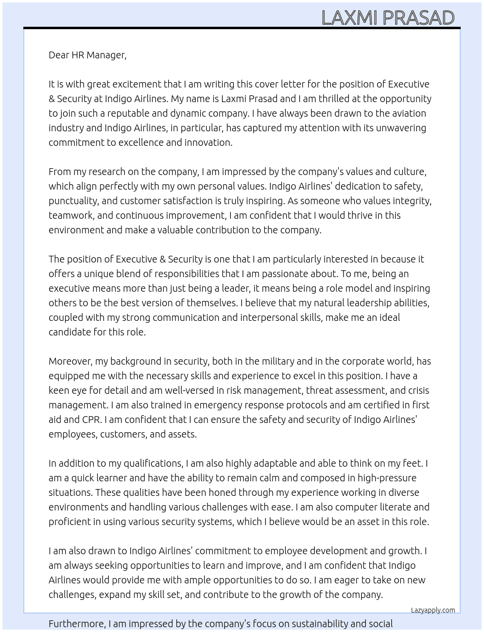 executive & Security  At Indigo airlines  Cover Letter