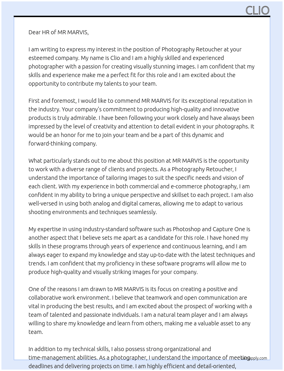 Photography Retoucher At MR MARVIS Cover Letter