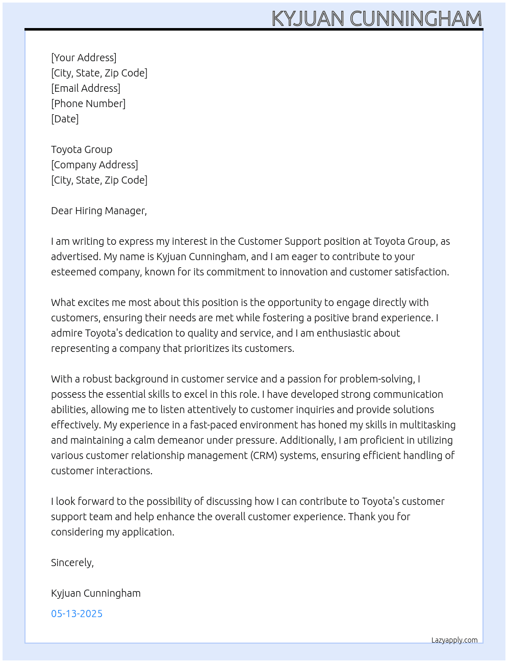 Customer Support At Toyota Cover Letter
