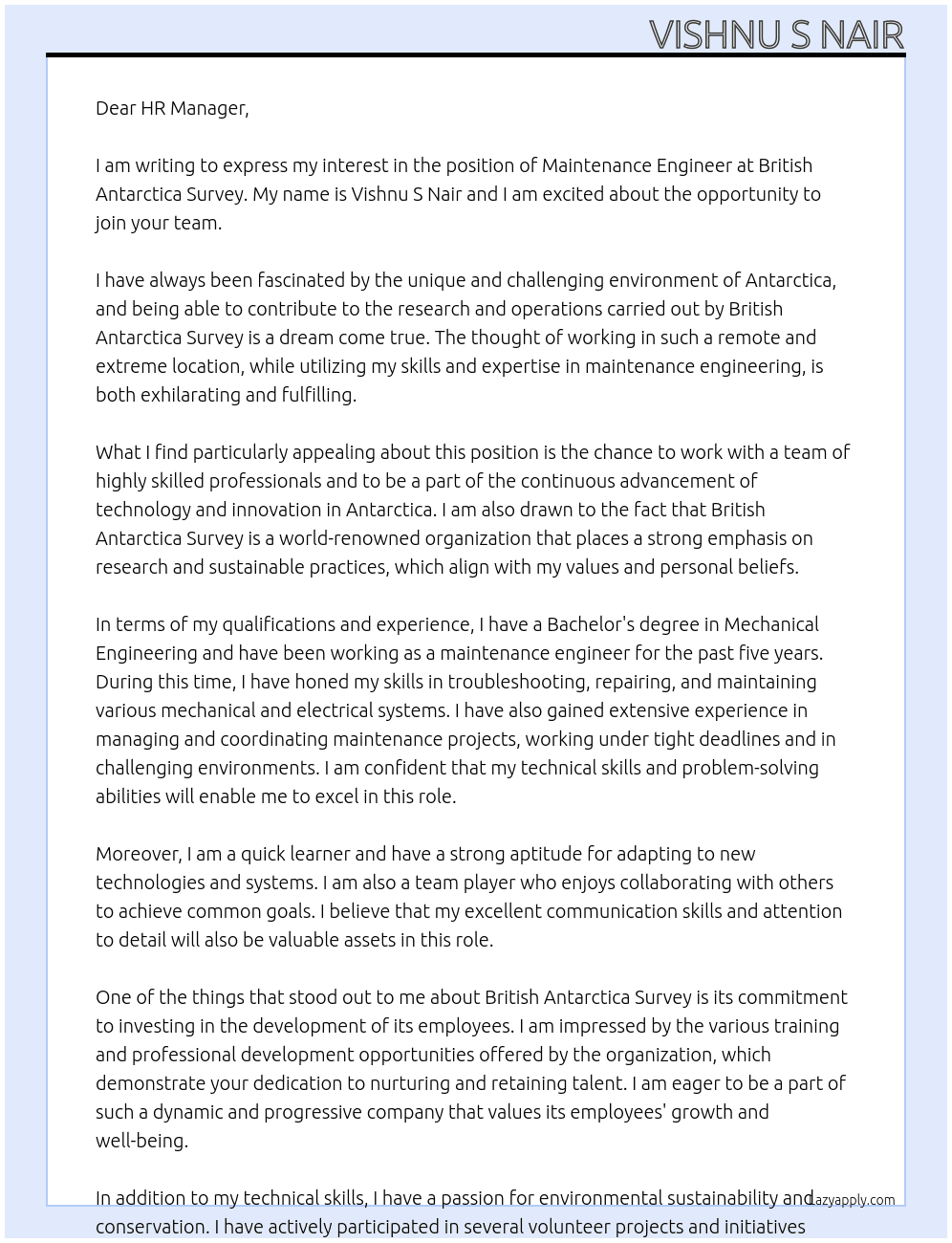 maintenance engineer At British Antartica Survey Cover Letter